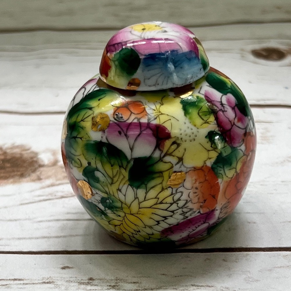 Vintage Ginger Jar Multicolor Millefleur Floral Gold Gilt Porcelain Small 3in